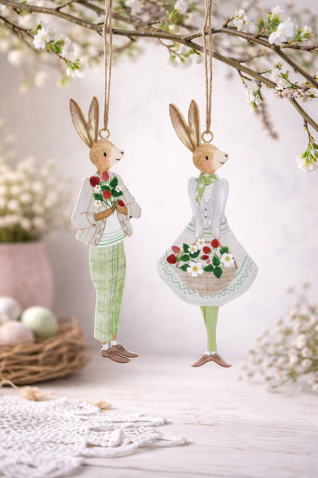 Easter Bunny Hanging Decorations Gisela Graham Mr & Mrs Rabbit Wood Hanging Decs