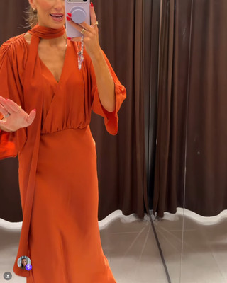 Zara orangefarbenes Midikleid aus gebranntem Satin mit Schaloptik für Damen neu mit Etikett 5029/220