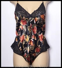 Vintage SHINY Slip TEDDY Satin BODYSUIT Panty LACE Bow Gold Chain Print ~L 38-40
