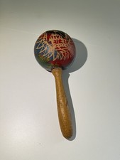 Vintage 1950s HAVANA CUBA Hand Carved  Painted Gourd  Wooden Maraca VTG