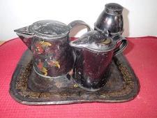 Antique Primitive Toleware Tinware Tray, Coffee Pots & Tea Caddy