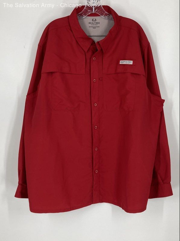 Realtree Mens Red Collared Long Sleeve Vented Fishing Button-Up Shirt Size XXL