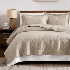 100% Cotton Queen Size Quilt Set - Beige Neutral Ruffle Box Soft Lightweight ...