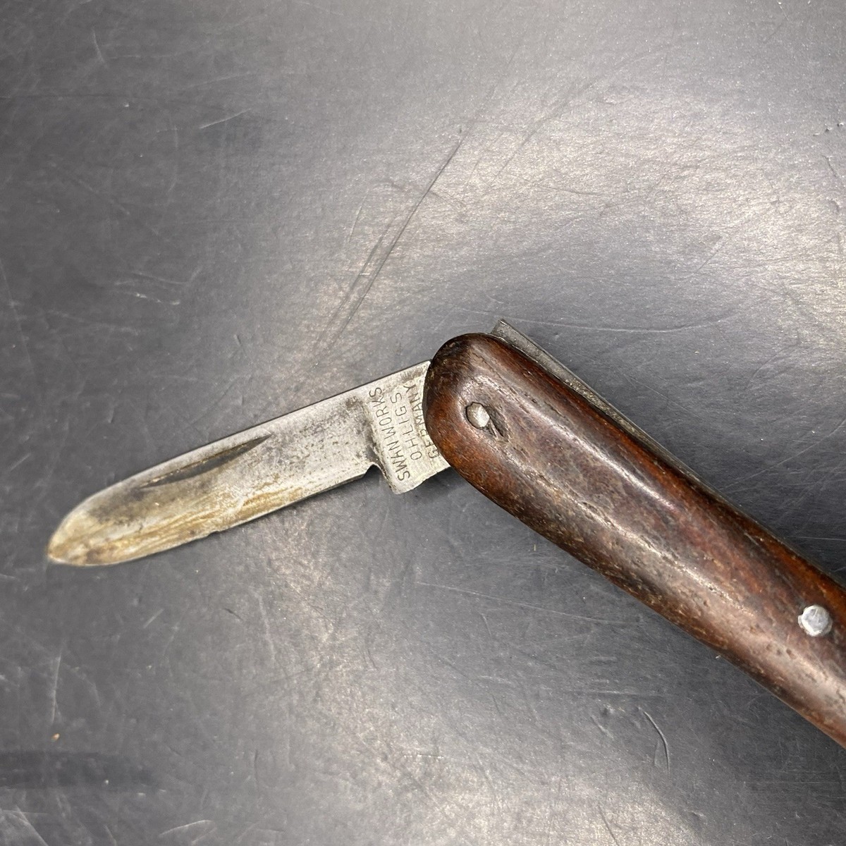Vintage Pocket Knife Swan Works Ohligs Germany 2 Blade Brown Wood