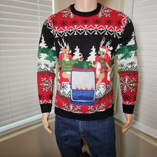 33Degrees Mens Large Ugly Christmas Sweater Reindeer Beer Cooler Pocket Holiday