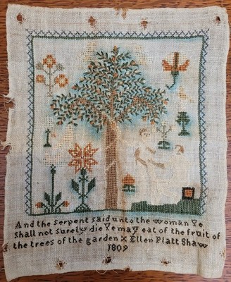 Georgian English Needlework Sampler Unframed 1809 - Adam & Eve Fruit Tree