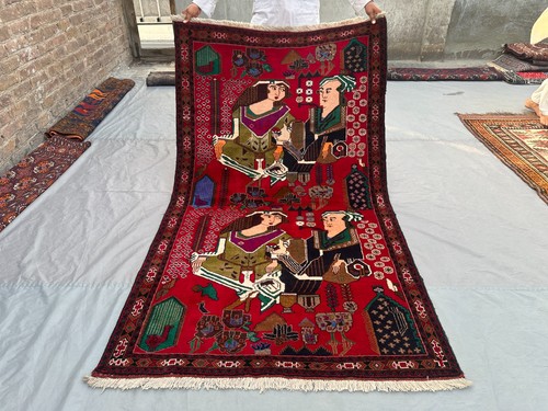4x7 Vintage Afghan Baluchi Pictorial Wool Rug Tribal Handmade Office Area Carpet