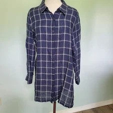 Match Point USA M Tunic Shirt Navy Blue Plaid Long Sleeve Button-Front 100 Linen
