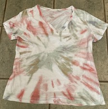 Sonoma Women Short Sleeve V/neck T-Shirt White Tie-dye 80  s Fun Print Size S