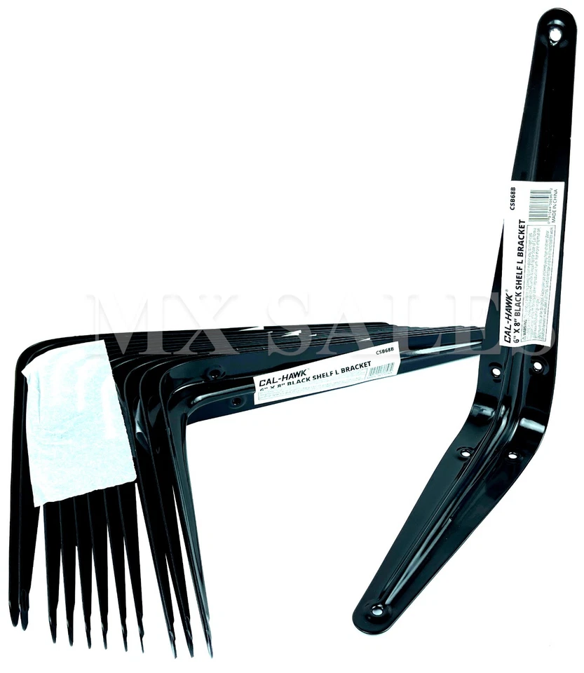 CALHAWK 3 Pcs 6" x 8" inch Utility L Metal Wall Shelf Corner Bracket Support (BLACK)