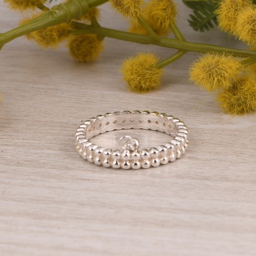 Sterling Silver 925 Eternity Ball Bead Double Band Ring With Hanging Heart Charm - Picture 9 of 13