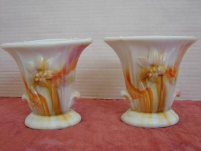 2 Arko Agate Lily Daffodil Pair of Vases Orange Swirl Marble #658 Made In USA