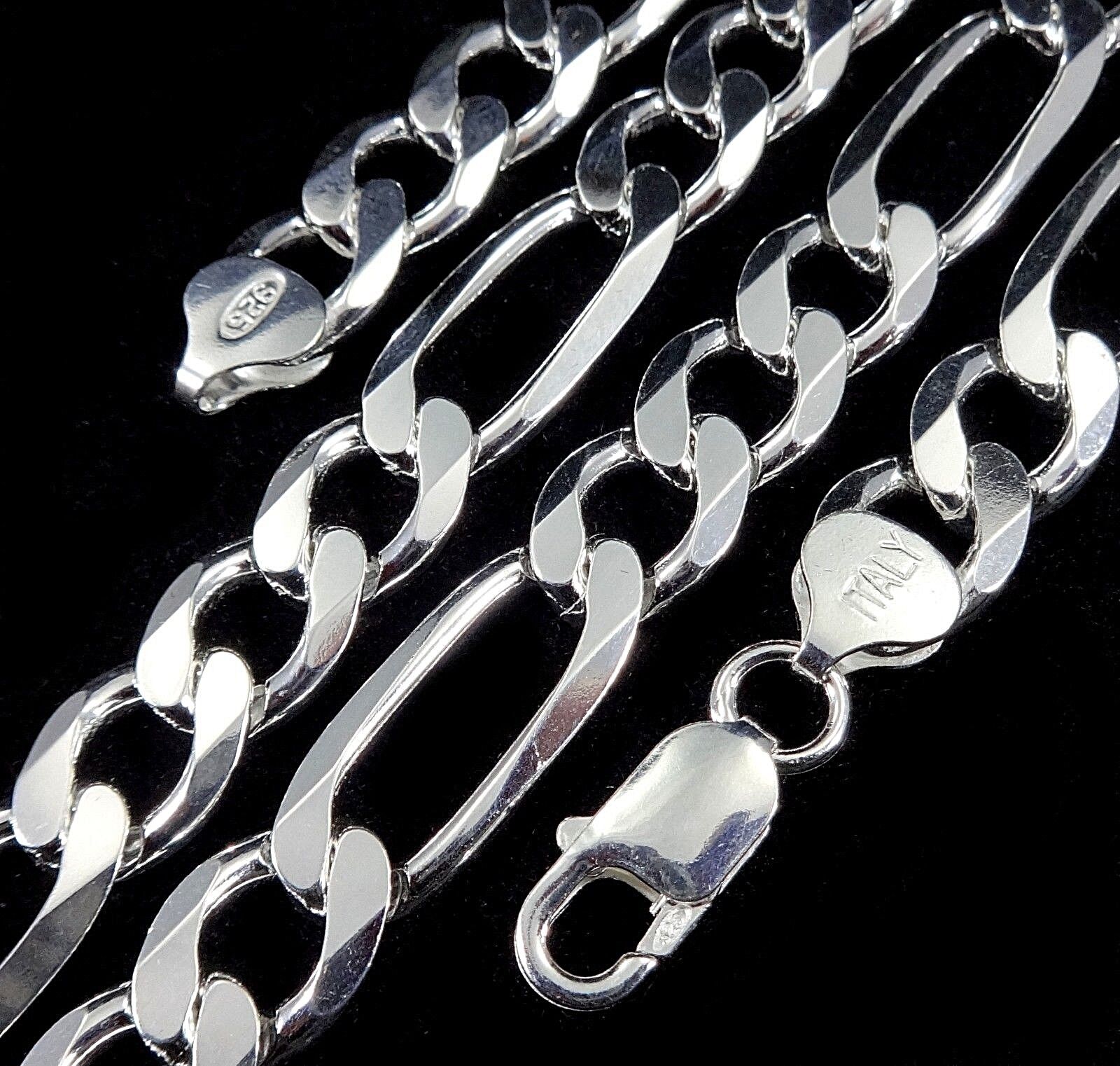 10MM Wide Solid 925 Sterling Silver Men's FIGARO Chain Necklace Made in Italy