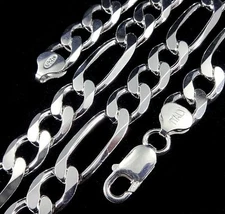 10MM Wide Solid 925 Sterling Silver Men's FIGARO Chain Necklace Made in Italy 