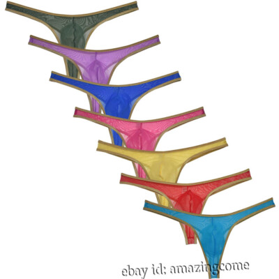 Men Golden Rim String Thong Underwear Guys See-through Mesh Pouch Thong Panties