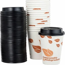 [100-Ct.] 12-Oz. Compostable Paper Coffee Cups & Dome Lids by Avant Grub