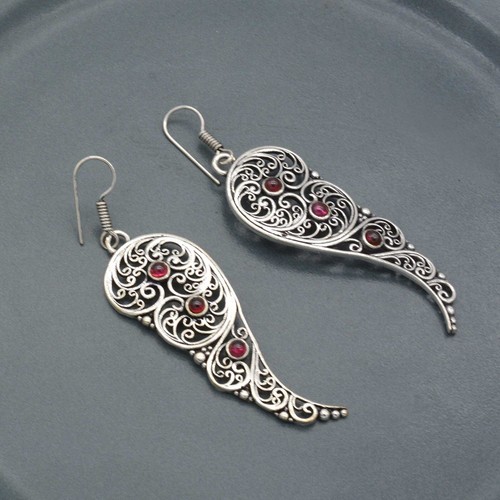 Feather Ring, Angel Wings Ring, Garnet Gemstone Earrings, Silver Plated Earrings - Picture 9 of 15