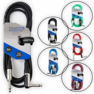 3m Right Angle Jack to Straight Jack Guitar Audio Signal Leads Colour Options