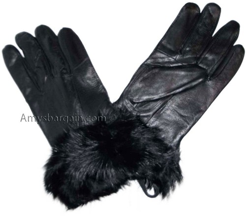 Women's Fur Trimmed leather gloves, Black, Brown Warm Winter Gloves dress gloves - Picture 15 of 37