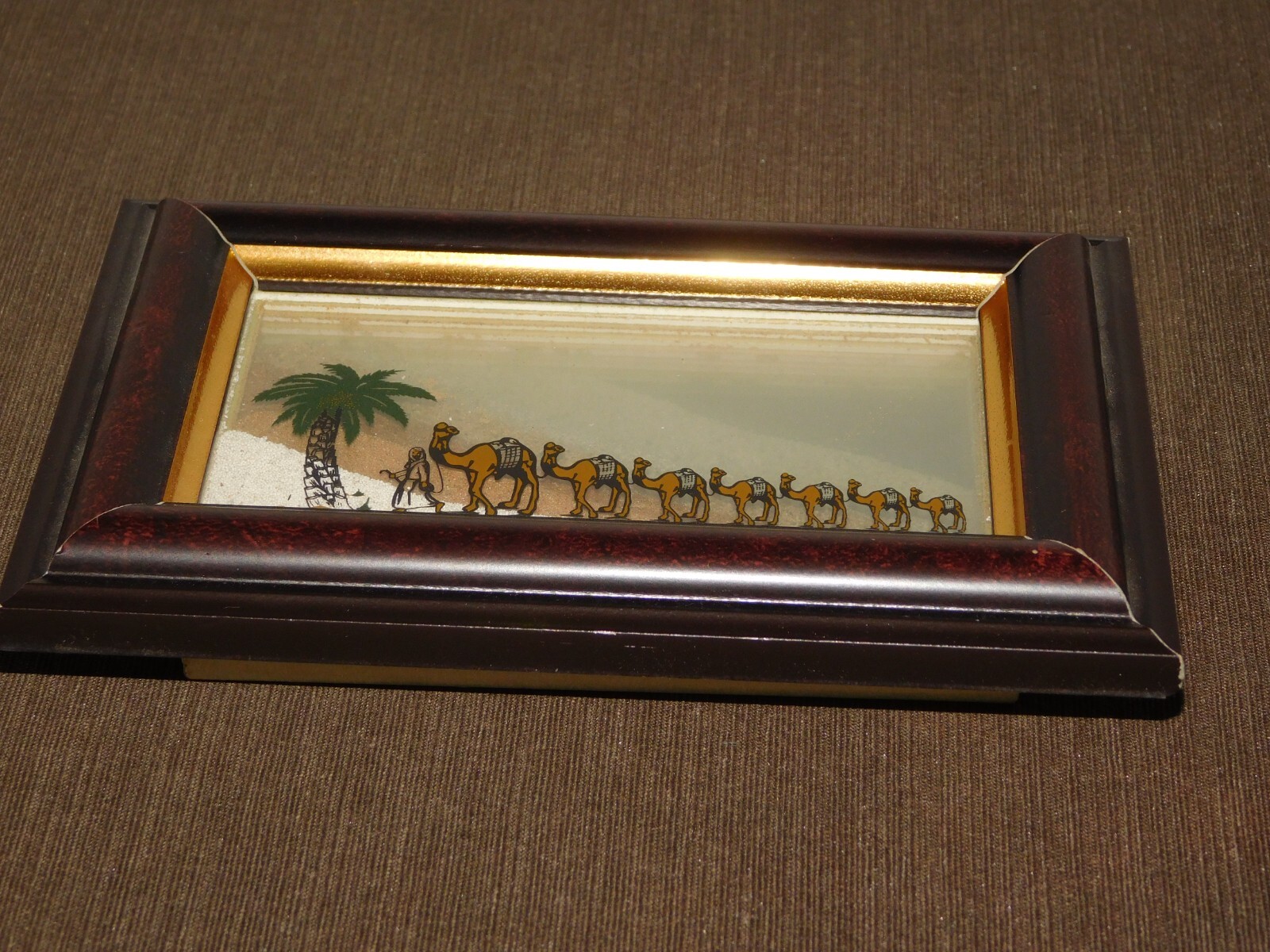 VINTAGE HANDMADE  7" X 5" U. A. E. SAND FROM 7 EMIRATES CAMELS FRAMED SOUVENIR