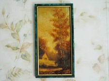 Framed Autumn Foliage Cabin Picture, Stone Art, Wilderness Scene, Birch Trees