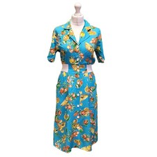 Vintage Fruit Print Dress 80s St Michael Blue Summer Cotton M 10 Women's