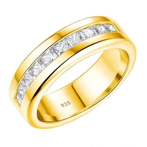 Hochzeitsband für Herren Gold Finish Sterlingsilber Herren Ehering AAAAA CZ Gr.9 - Bild 1 von 4