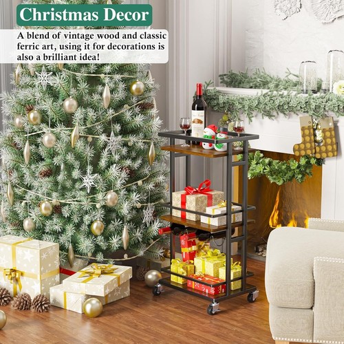 Stylish 4-Tier Rustic Liquor Cabinet with Wine Rack & Rolling Cart Convenience - Picture 7 of 11