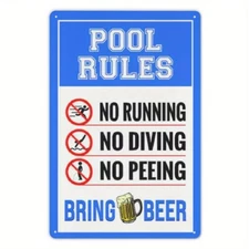 Vintage Pool Rules Tin Metal Signs - No Running, Diving, or Peeing, Bring Beer 