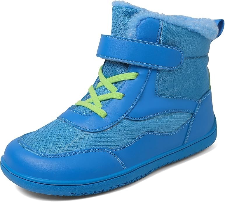 Botas de invierno descalzas para niños azules punta ancha cálidas piel zapatos para nieve talla 11,5