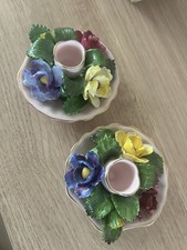 DENTON ENGLAND Bone China Flower Bouquet Floral Candle Holders VINTAGE