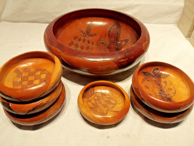 Vintage 7 pc Home Decor Handmade Engraved WOOD Salad Bowl Kitchen Dining Set