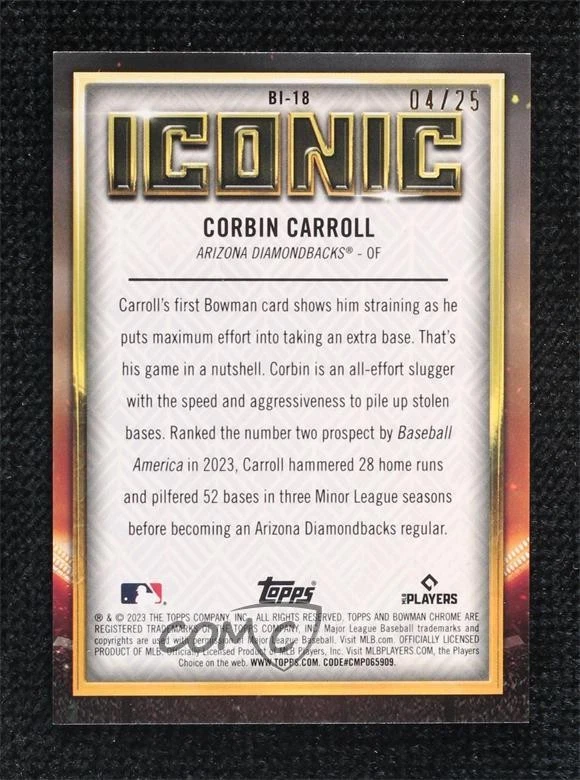 2023 Bowman Chrome Iconic Orange Refractor /25 Corbin Carroll #BI-18 Rookie RC - Image 2 of 2