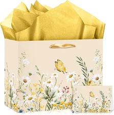 Large Wedding Gift Bag Yellow Butterfly Paper Bag with Tissue Paper Greeting Car