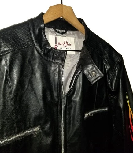 BC Ethic Faux Leather Jacket Vintage 90s Black Fire Flame Sleeves Mens LG image 9