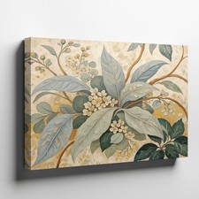 Vintage Blue Green Leaves Canvas Wall Art with White Flowers Large Floral Print