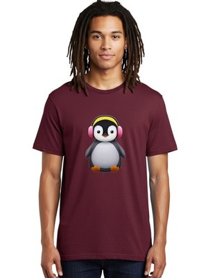 Penguin-With-Headphones-1 Mens Graphic Tee, 100% Cotton, Casual Summer Wear