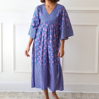 Mille Resort &Travel Floral Block Print Cotton Midi Dress cottage Boho Coastal S