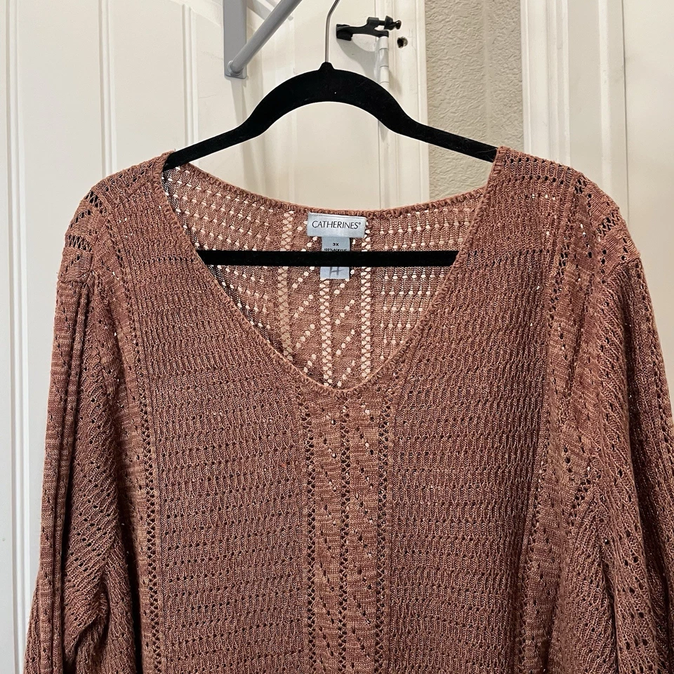 Catherine’s Women 3X Tan Brown Pullover Tunic Sweater Boho Long Sleeve Open Knit - Image 2 of 4