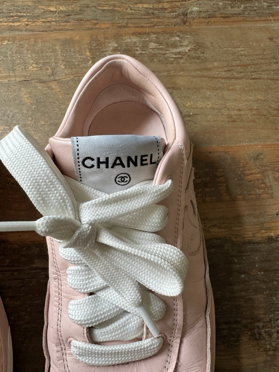 CHANEL Pink White Leather Low Top Lace Up Women's Sneakers Logo