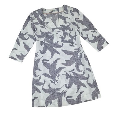 BODEN Leinen Kleid Tunika Kaftan UK 10 R Allover Blätter Print grau weiß