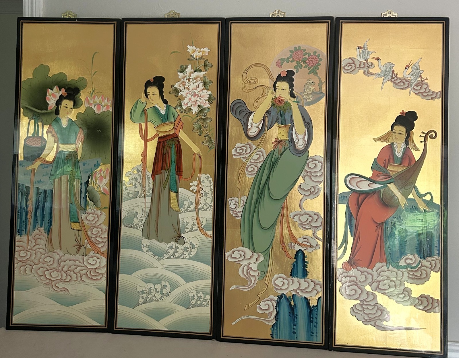 4 Panel Hand Painted Vintage Asain Wall Plaques 3 Feet Tall