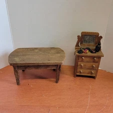 Vintage Miniature Wooden Dresser With Mirror and Table