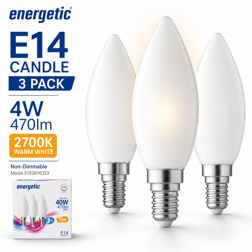 Energetic E14 Frosted Candle LED Bulbs 4W 470lm 2700K 3 Pack Damaged Box