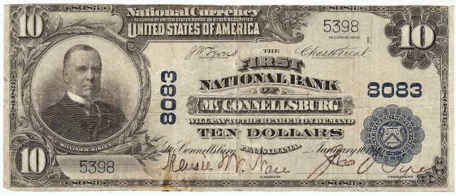 $10 The First NB Of McConnellsburg PA Ch# 8083 1902 Plainback Ser# 5398 LG RARE