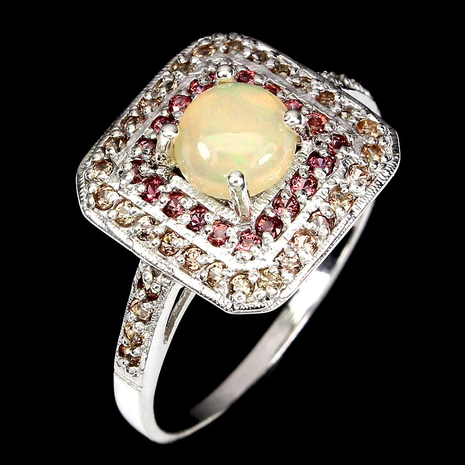 Подарочное кольцо из стерлингового серебра 925 пробы с круглым огненным опалом 6 мм сапфиром бриллиантовой огранкой драгоценным камнем - Изображение 2 из 4