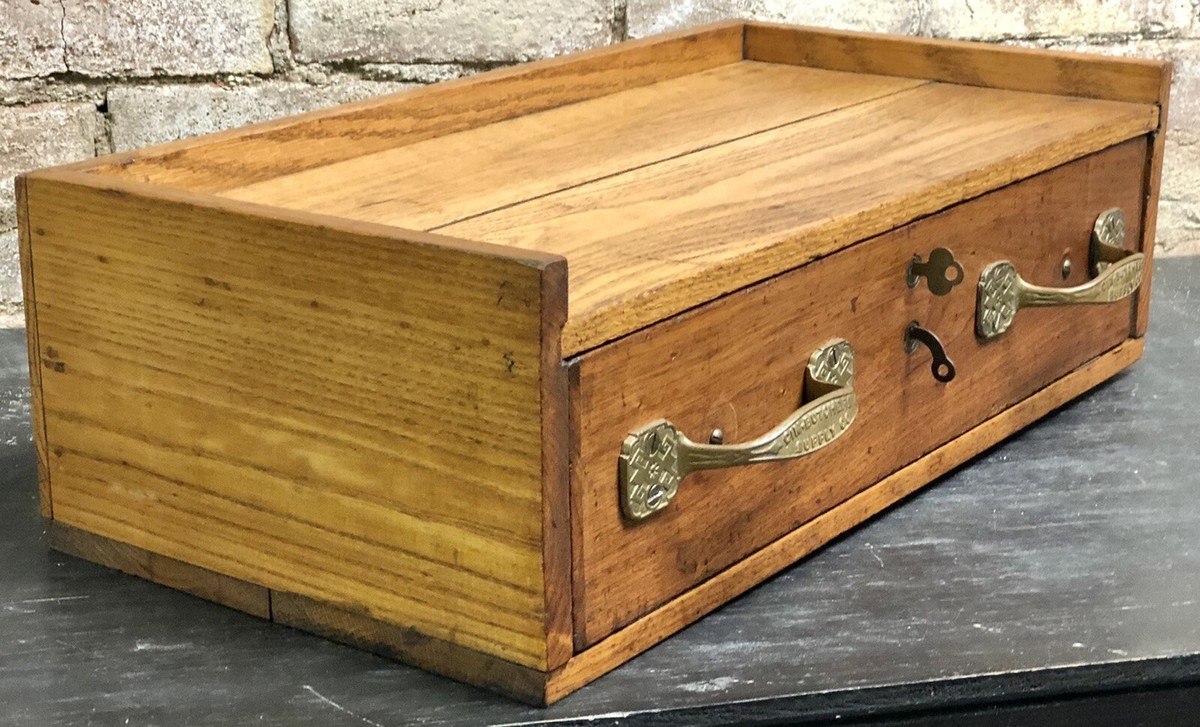 Antique Oak 2 Key Double Lock Safe Wood Box w/ Drawer Cincinnati