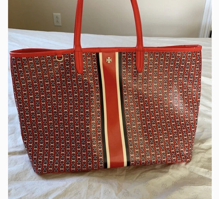 Tory Burch Orange Gemini Link Canvas Open Top Large Tote Purse