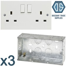 3x 2 Gang Double Socket Switched White Wall and 25mm Double Metal Back Box