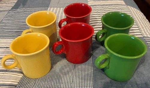 6 Fiesta Ware Coffee Mugs Ring Handle Homer Laughlin HLC Green Yellow Red